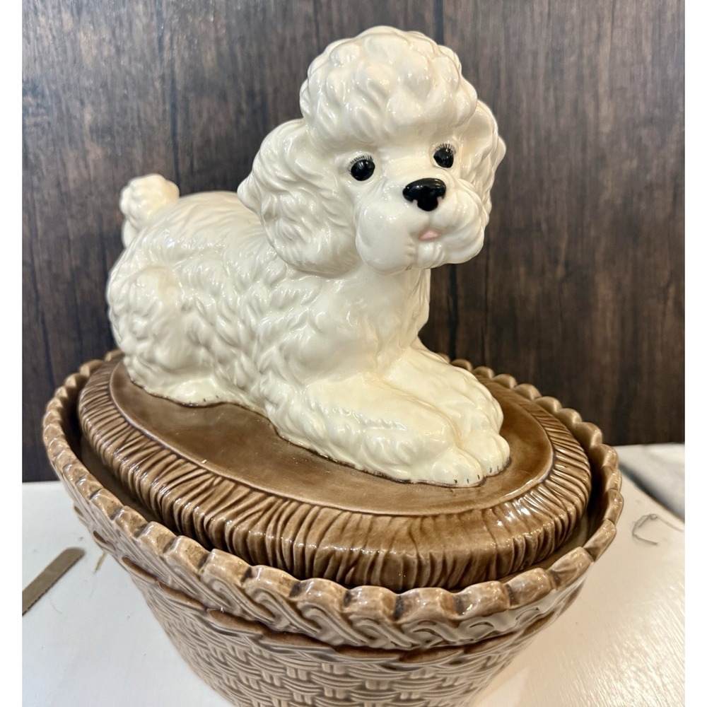 VTG Poodle Dog  On Brown Basket Ceramic Cookie Jar Bowl Planter Candy Dish